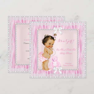 Invitación Sweet Little Girl Baby Shower Pearls Lace Brunette
