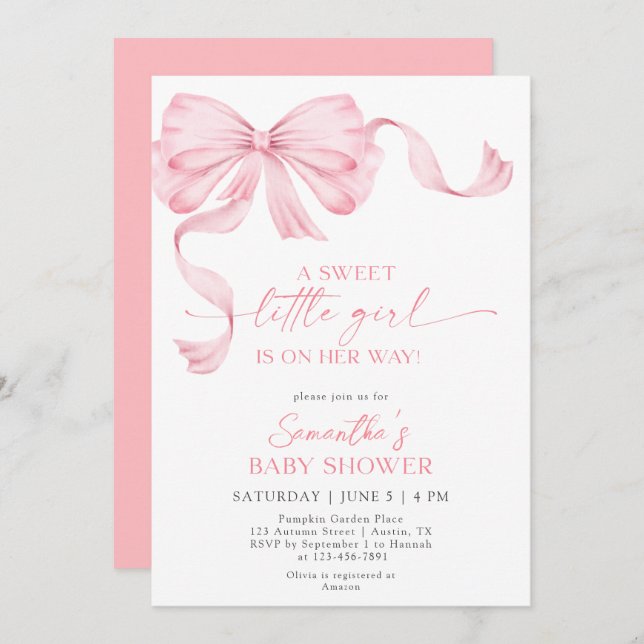Invitación Sweet Little Girl Coquette Bow Ribbon Baby Shower (Anverso / Reverso)