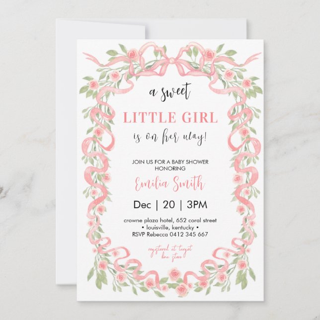Invitación Sweet Little Girl Floral Ribbon Baby Shower (Anverso)