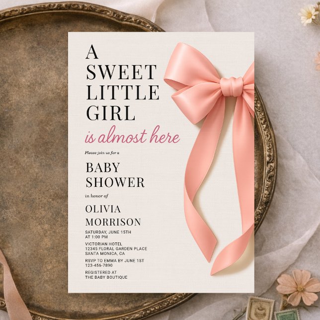 Invitación Sweet Little Girl is Almost Here Bow Baby Shower (Subido por el creador)