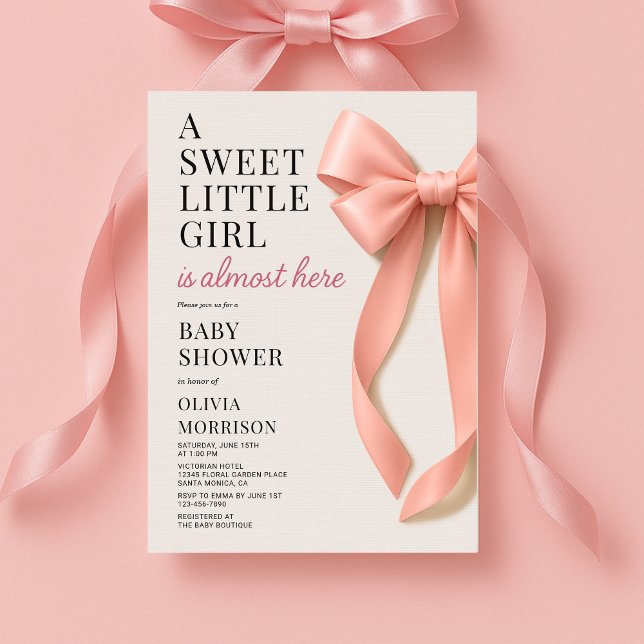 Invitación Sweet Little Girl is Almost Here Bow Baby Shower (Subido por el creador)