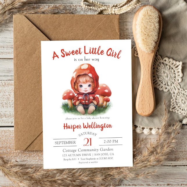 Invitación Sweet Little Girl Red Mushroom Baby Shower (Sweet Little Girl Red Mushroom Baby Shower Invitation)