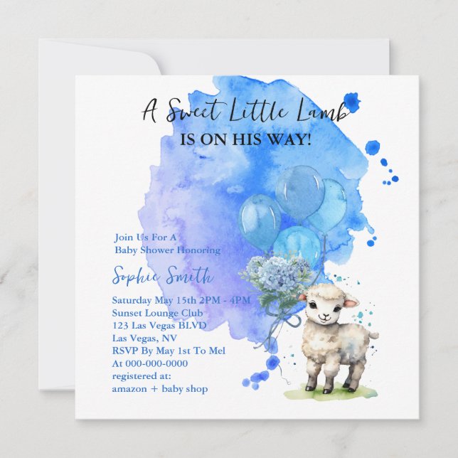 Invitación Sweet Little Lamb Baby Shower Blue Square (Anverso)