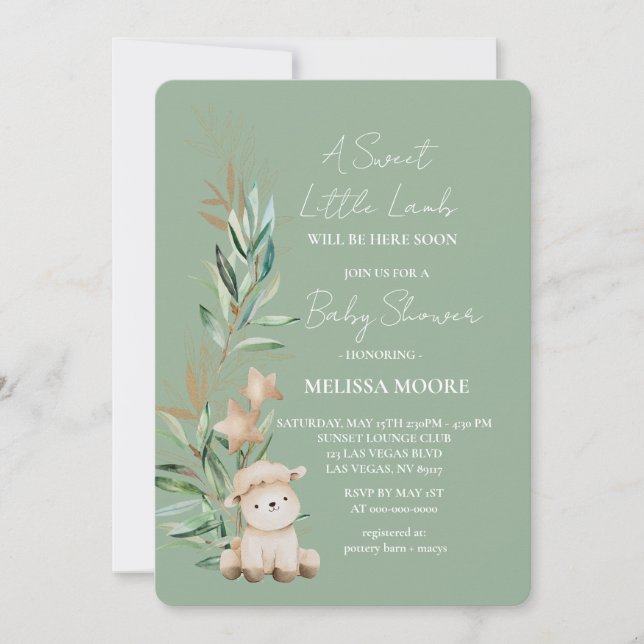 Invitación Sweet Little Lamb Greenery baby ducha salvia verde (Anverso)