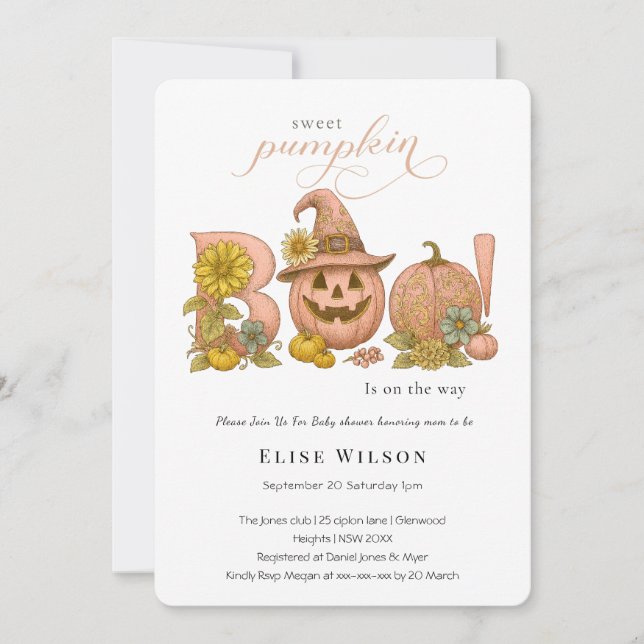 Invitación Sweet Little patch pumpkin florals is on the way (Anverso)