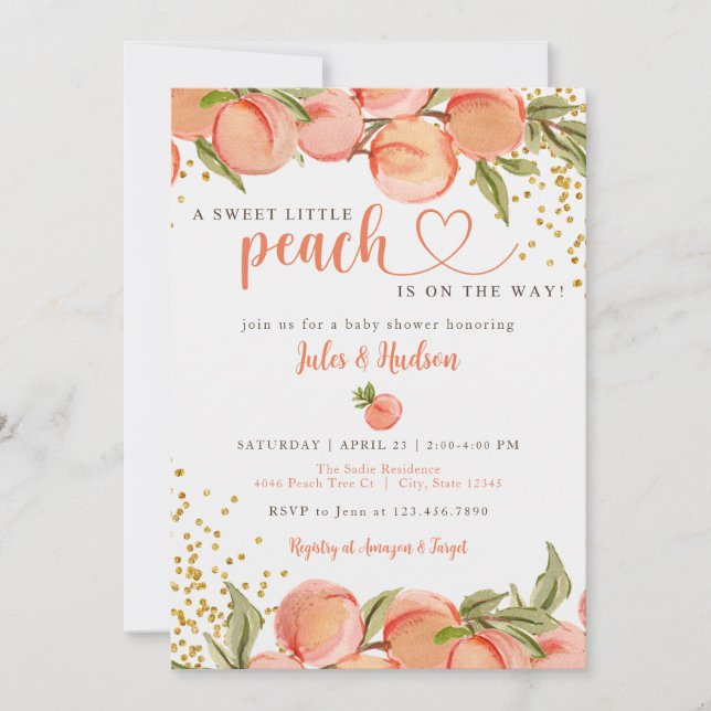 Invitación Sweet Little Peach Baby Shower (Anverso)