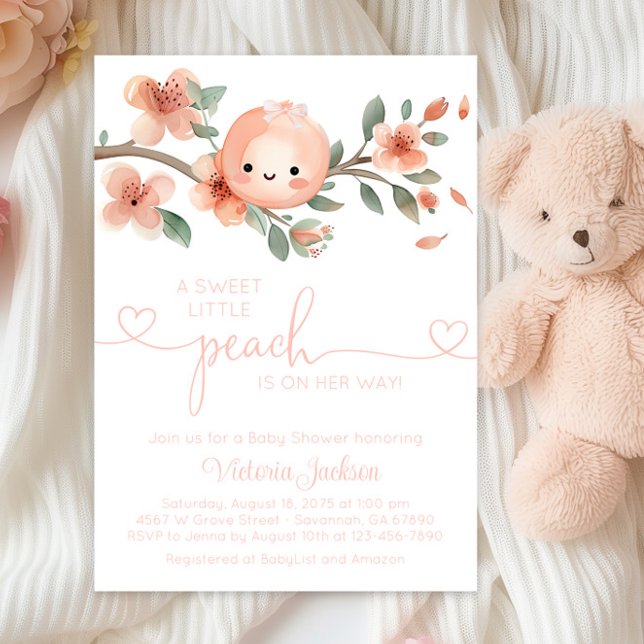 Invitación Sweet Little Peach Baby Shower (Cute little peach baby shower invitation with adorable baby girl peach and peach branch.)