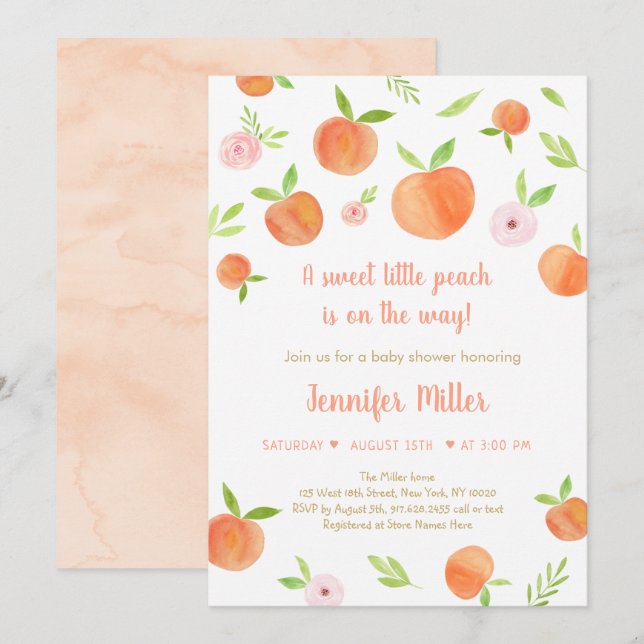 Invitación Sweet Little Peach Baby Shower (Anverso / Reverso)