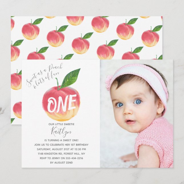 Invitación Sweet Little Peach First Birthday Photo (Anverso / Reverso)