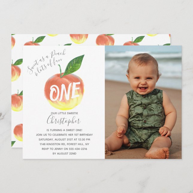 Invitación Sweet Little Peach First Birthday Photo (Anverso / Reverso)