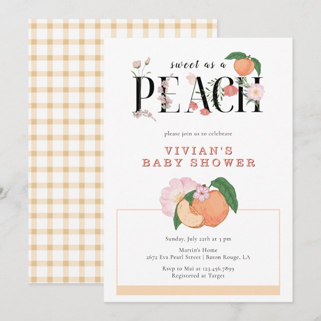 Invitación Sweet Little Peach & Floral Baby Shower (Anverso / Reverso)