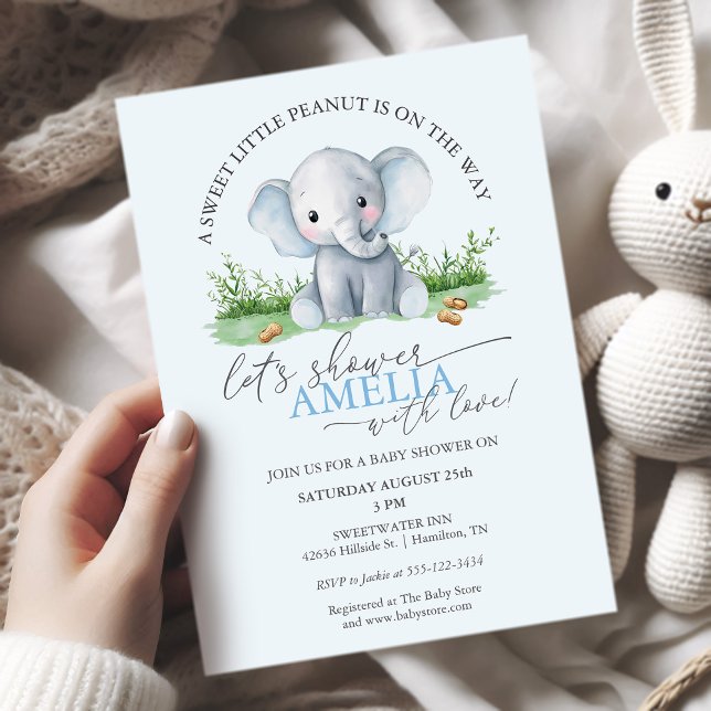 Invitación Sweet Little Peanut Elephant Baby Boy Shower (Sweet Little Peanut Elephant Baby Boy Shower Invitation)