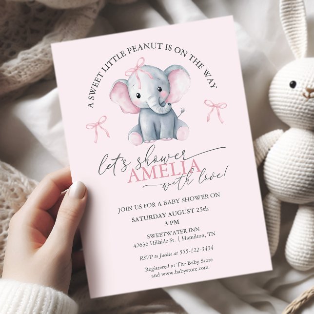 Invitación Sweet Little Peanut Elephant Baby Girl Shower (Sweet Little Peanut Elephant Baby Girl Shower Invitation)