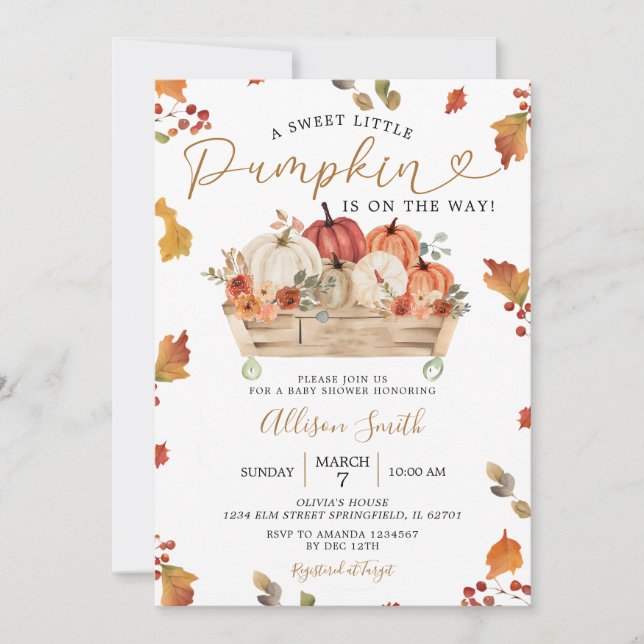 Invitación Sweet Little Pumpkin Autumn deja Baby Shower (Anverso)