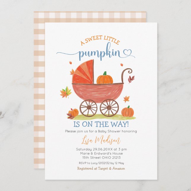 Invitación Sweet Little Pumpkin Baby Carrier Baby Shower (Anverso / Reverso)