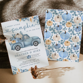 Invitación Sweet Little Pumpkin Blue Autumn Baby Shower