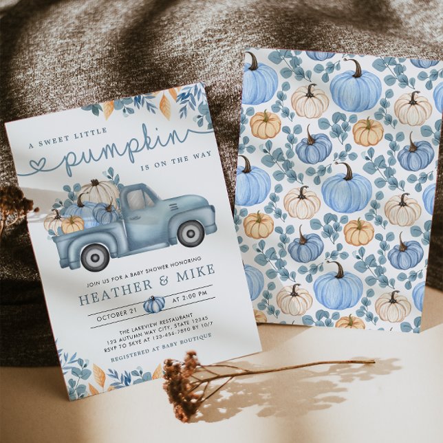 Invitación Sweet Little Pumpkin Blue Autumn Baby Shower (Subido por el creador)