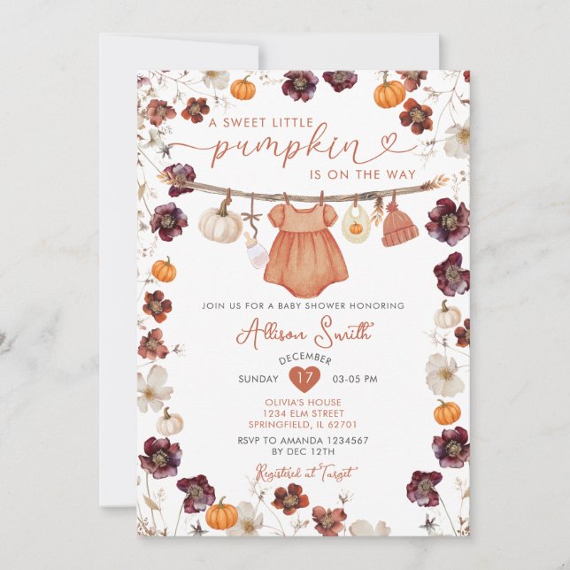 Invitación Sweet Little Pumpkin Boho Baby Clothes Baby Shower (Anverso)