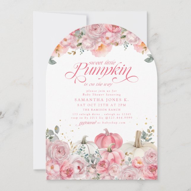 Invitación Sweet Little Pumpkin Pink Floral Fall Baby Shower (Anverso)