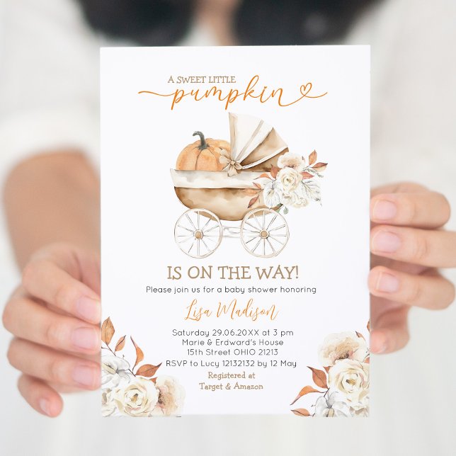 Invitación Sweet Little Pumpkin Stroller Floral Baby Shower (Subido por el creador)