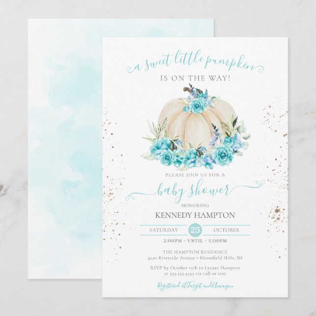 Invitación Sweet Little Pumpkin Turquoise Blue Baby Shower (Anverso / Reverso)