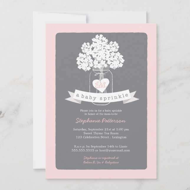 Invitación Sweet Mason Jar Pink | Gris Baby Sprinkle (Anverso)
