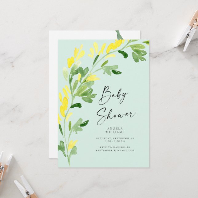 Invitación Sweet Mint Yellow Wildflowers Baby Shower (Anverso/Reverso In Situ)