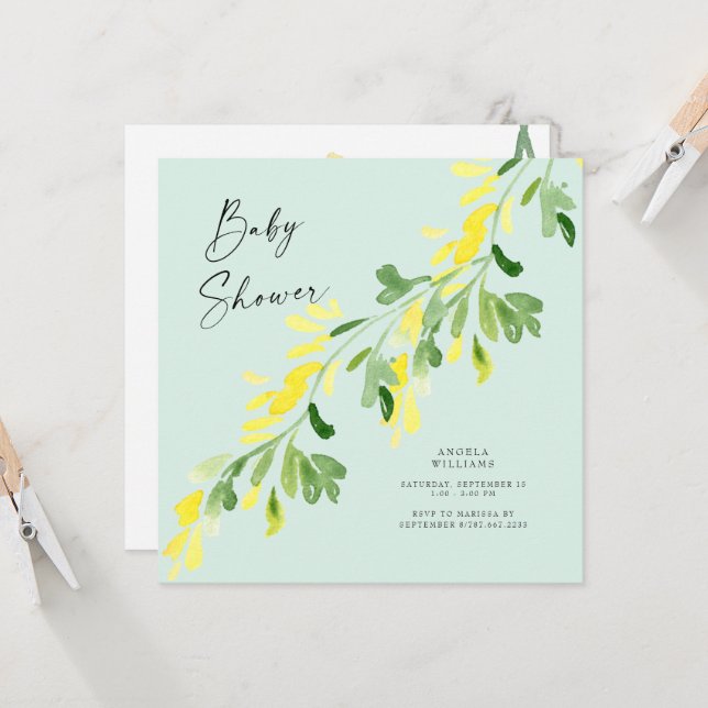 Invitación Sweet Mint Yellow Wildflowers Baby Shower Square (Anverso/Reverso In Situ)