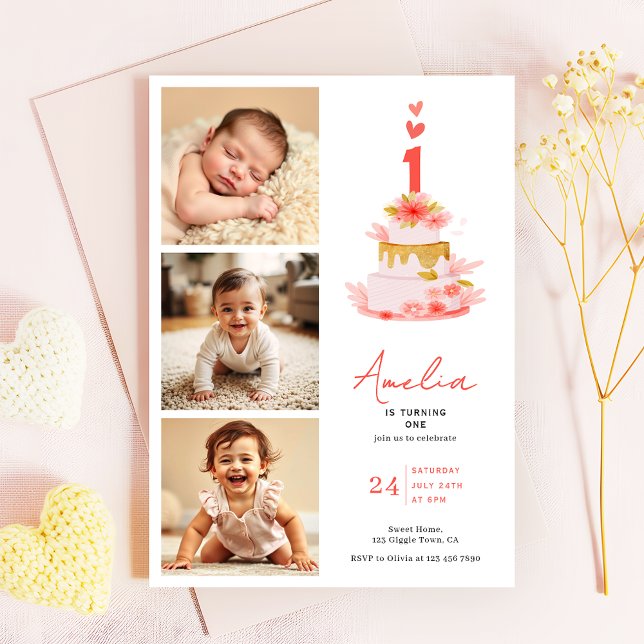 Invitación Sweet Modern 1st Birthday Invitation Photo Collage (Subido por el creador)