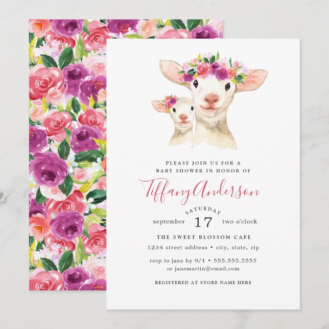Invitación Sweet Mom Y Baby Lamb Floral Baby Shower (Anverso / Reverso)