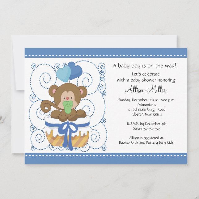 Invitación Sweet Monkey Baby Boy Baby Shower (Anverso)