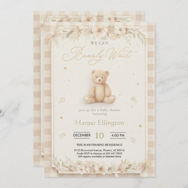 Invitación Sweet Neutral Teddy Bear Baby Shower Invite (Anverso / Reverso)