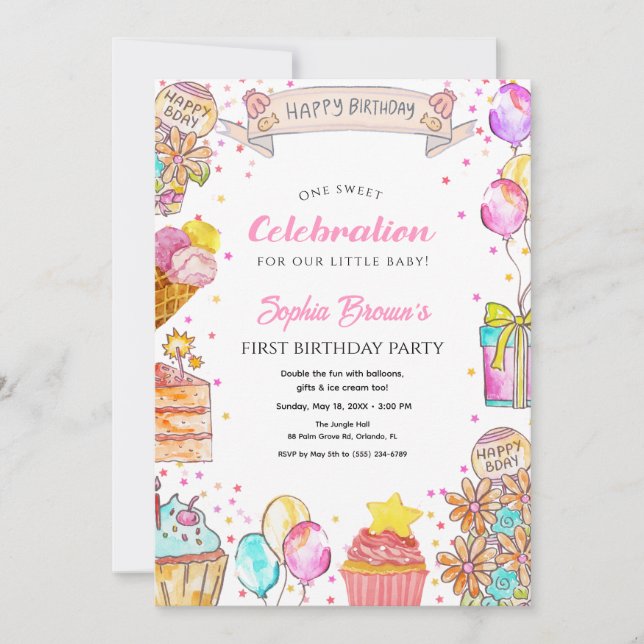 Invitación Sweet One Cake, Balloon Theme Girl 1st Birthday  (Anverso)