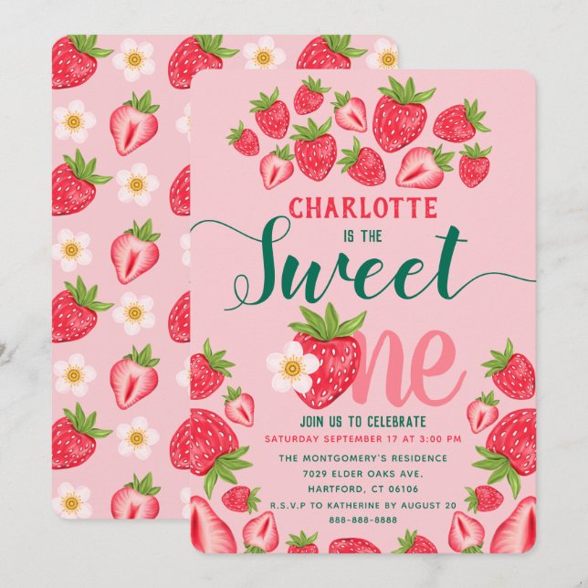 Invitación Sweet One Cute Pink Strawberry Primer Fiesta de cu (Anverso / Reverso)