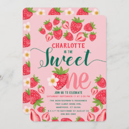 Invitación Sweet One Cute Pink Strawberry Primer Fiesta de cu