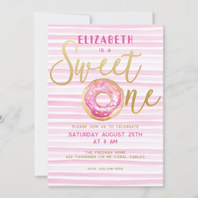 Invitación Sweet One Donut Stripe Pink Primer cumpleaños (Anverso)