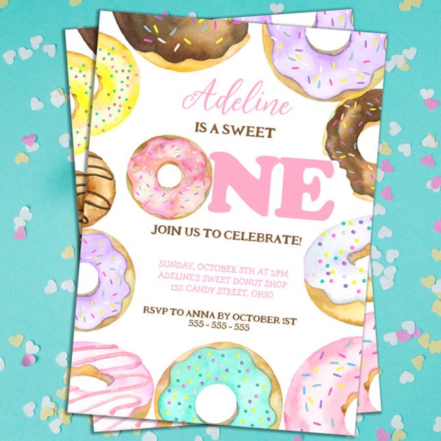 Invitación Sweet One Donuts Chica de primer cumpleaños (Sweet One Donut 1st Birthday Invitation for Girls)