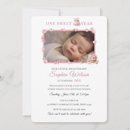 Invitación Sweet One Girl 1st Birthday Invitation with Photo