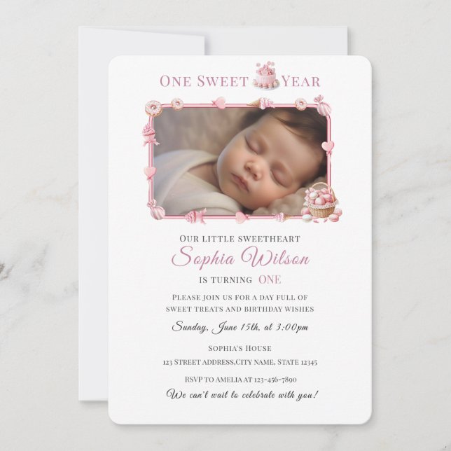 Invitación Sweet One Girl 1st Birthday Invitation with Photo (Anverso)