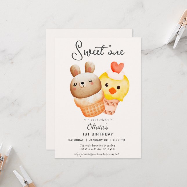 Invitación Sweet one ice cream first birthday  (Anverso/Reverso In Situ)