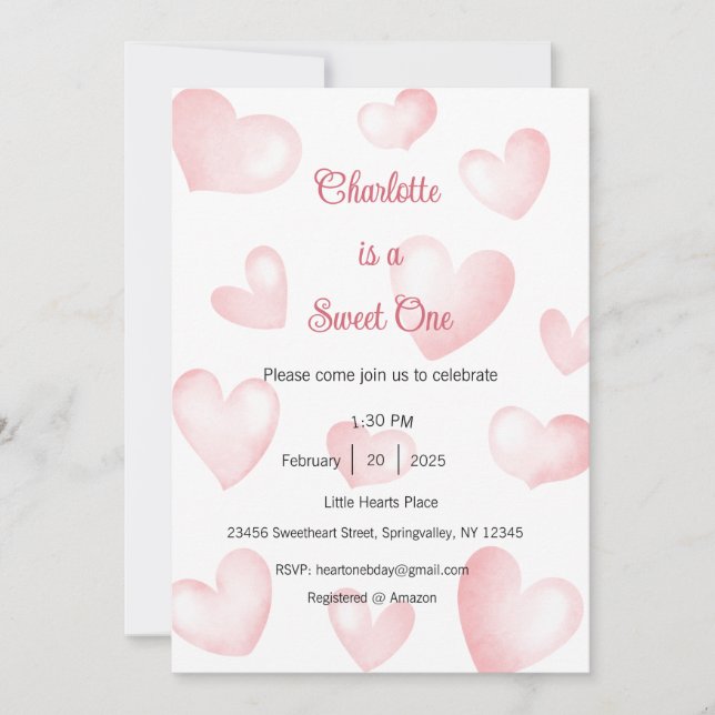 Invitación Sweet One Invitation, Sweetheart One Party, Heart (Anverso)