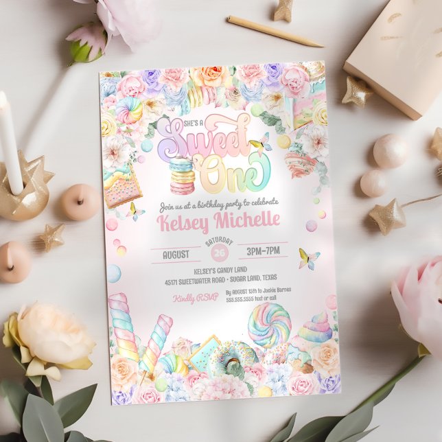 Invitación Sweet One Pastel Candy Shoppe First Birday (Subido por el creador)