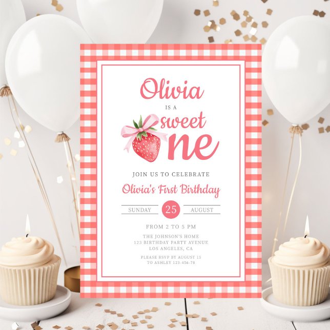 Invitación Sweet One Strawberry 1st Birthday (Sweet One Strawberry 1st Birthday Invitation)