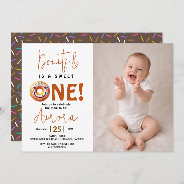 Invitación  Sweet One watercolor donut 1st birthday (Anverso / Reverso)