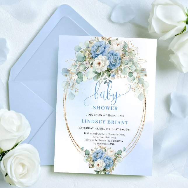 Invitación Sweet Pastel Blue Peonies Baby Shower Gold Invite (Sweet Pastel Blue Peonies Baby Shower Gold Invitation)