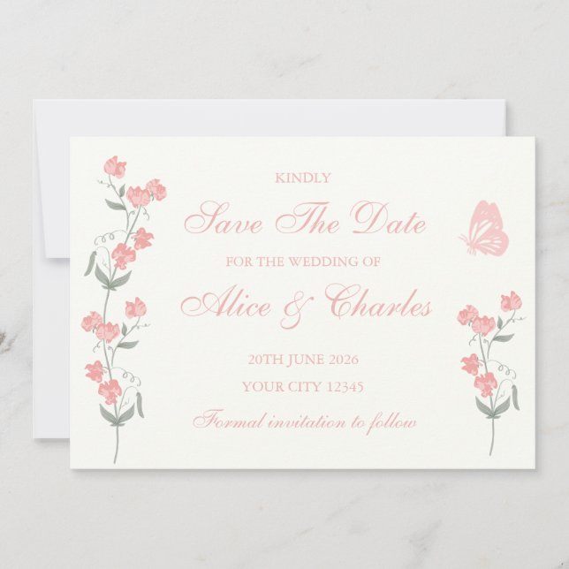 Invitación Sweet Pea Floral PInk y Cream Save the Date (Anverso)