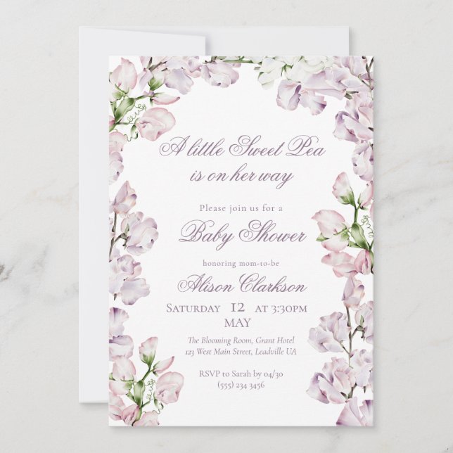 Invitación Sweet Pea flower arch Baby brunch elegant lavender (Anverso)