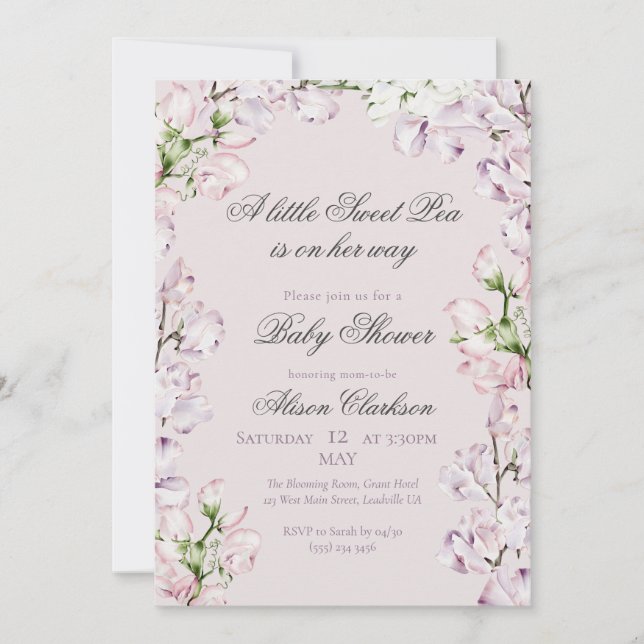 Invitación Sweet Pea flower arch Baby brunch elegant lavender (Anverso)