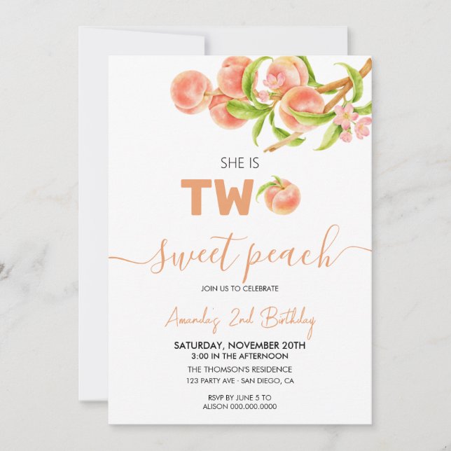 Invitación Sweet Peach 2º cumpleaños (Anverso)