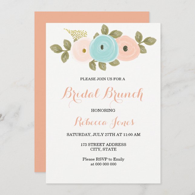 Invitación Sweet Peach Verde azulada Floral Bridal Brunch Inv (Anverso / Reverso)